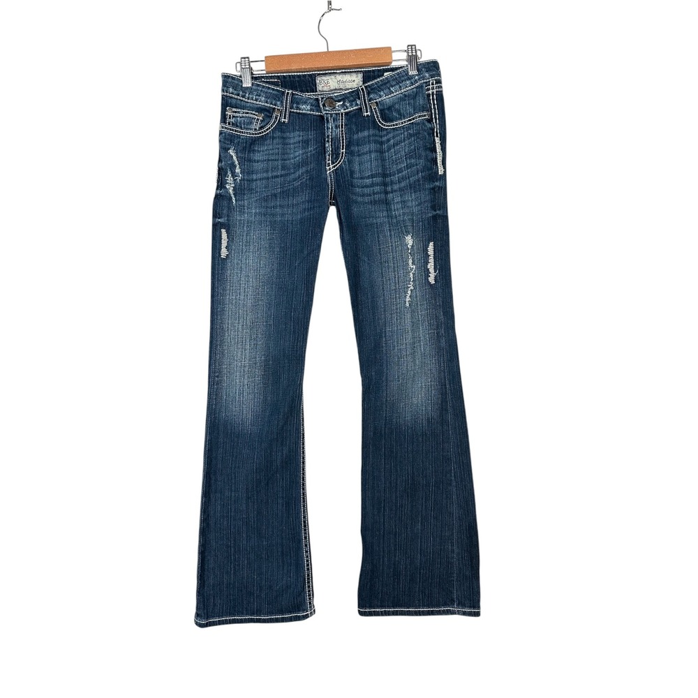 BKE Womens Madison Flare Jeans Dark Wash Distressed 28R Low Rise Western Y2K